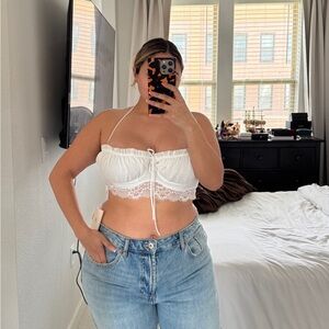 Peppermayo White Lace-Trim Halter Cropped Bustier